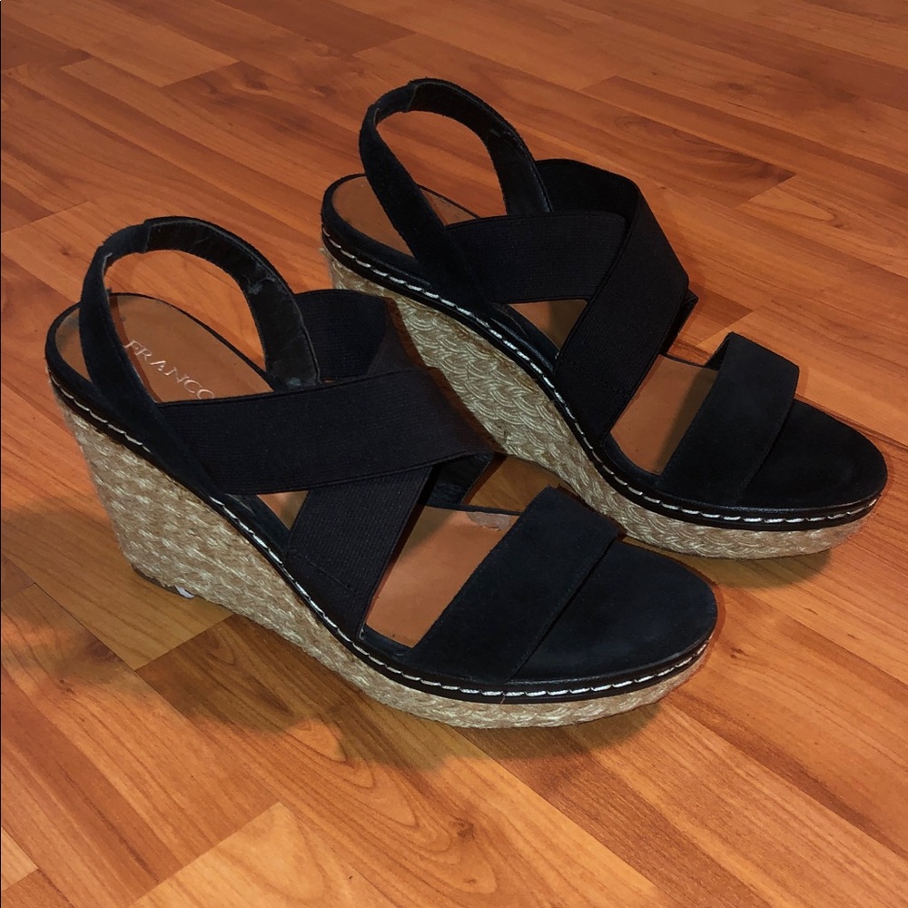 Franco Sarto Black Wedge Sandals Espadrille Platform Design Size 8.5M